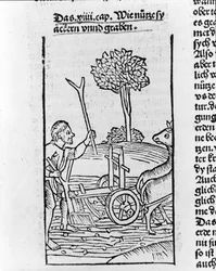 Holzschnitt, der einen Bauern zeigt, der ein Feld pflügt
